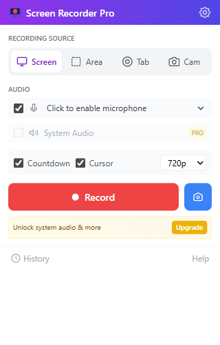 Actual Screen Recorder Pro popup with source picker, audio toggles, quality selector, record button, screenshot button, and upgrade banner